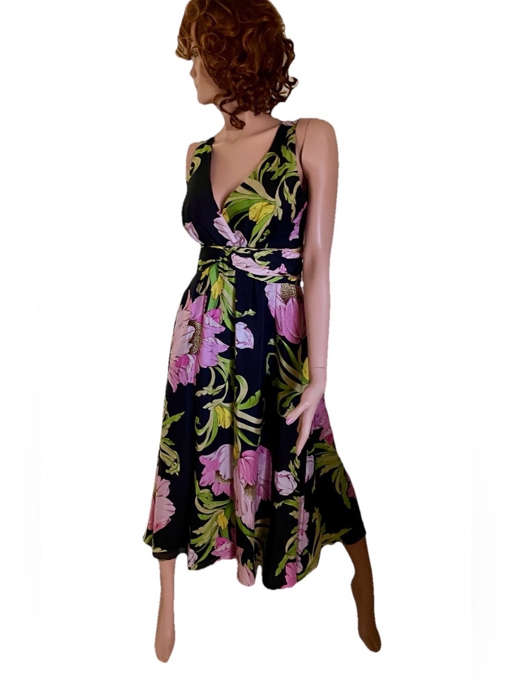 NATORI Shinjo FLORAL Print SILK DRESS $750 Size 2. EUC